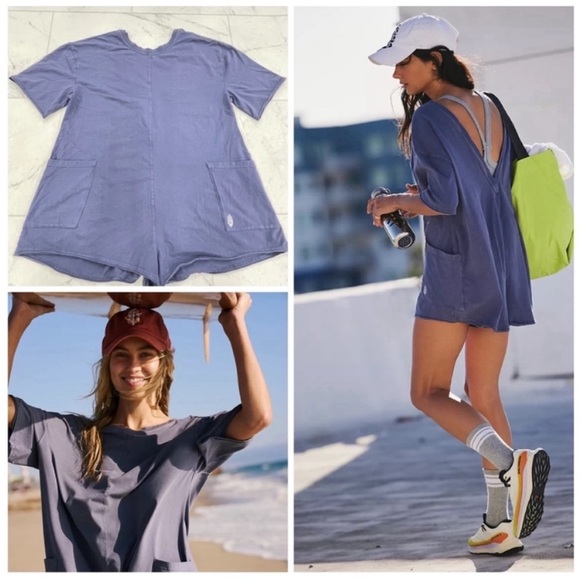 Free People Pants - NWOT Free People Hot Shot Tee Romper in Blue Indigo Size XSmall